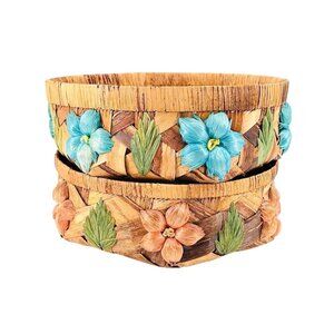 Vintage Floral Woven Baskets Raffia Weave 3D Flowers Lined Large 12” Set Of 2